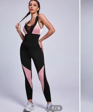 Brand New Colorblock Contrast Mesh Backless Sports Jumpsuit - Black and Pink